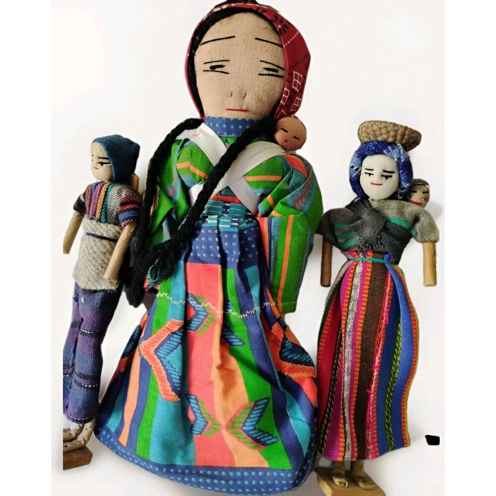 VTG 11" Guatemalan Folk Art Dolls Mayan Handwoven Cloth Mother Baby Burden Lot 3